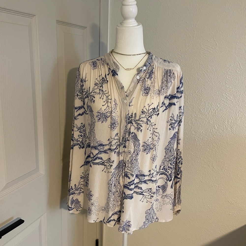 Free People Blue and Cream Floral Blouse